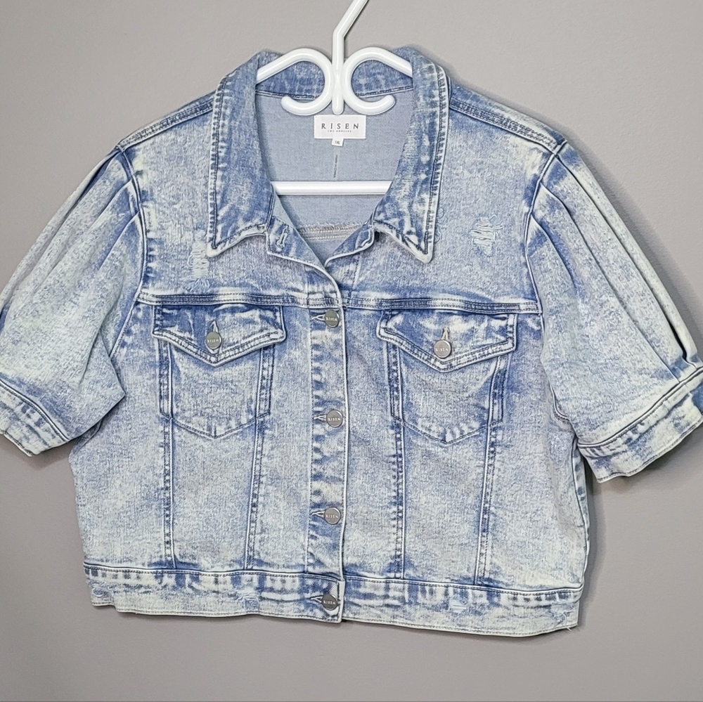 Risen Los Angeles Cropped Distressed Jean Jacket Light Wash Denim Stretch 1X
